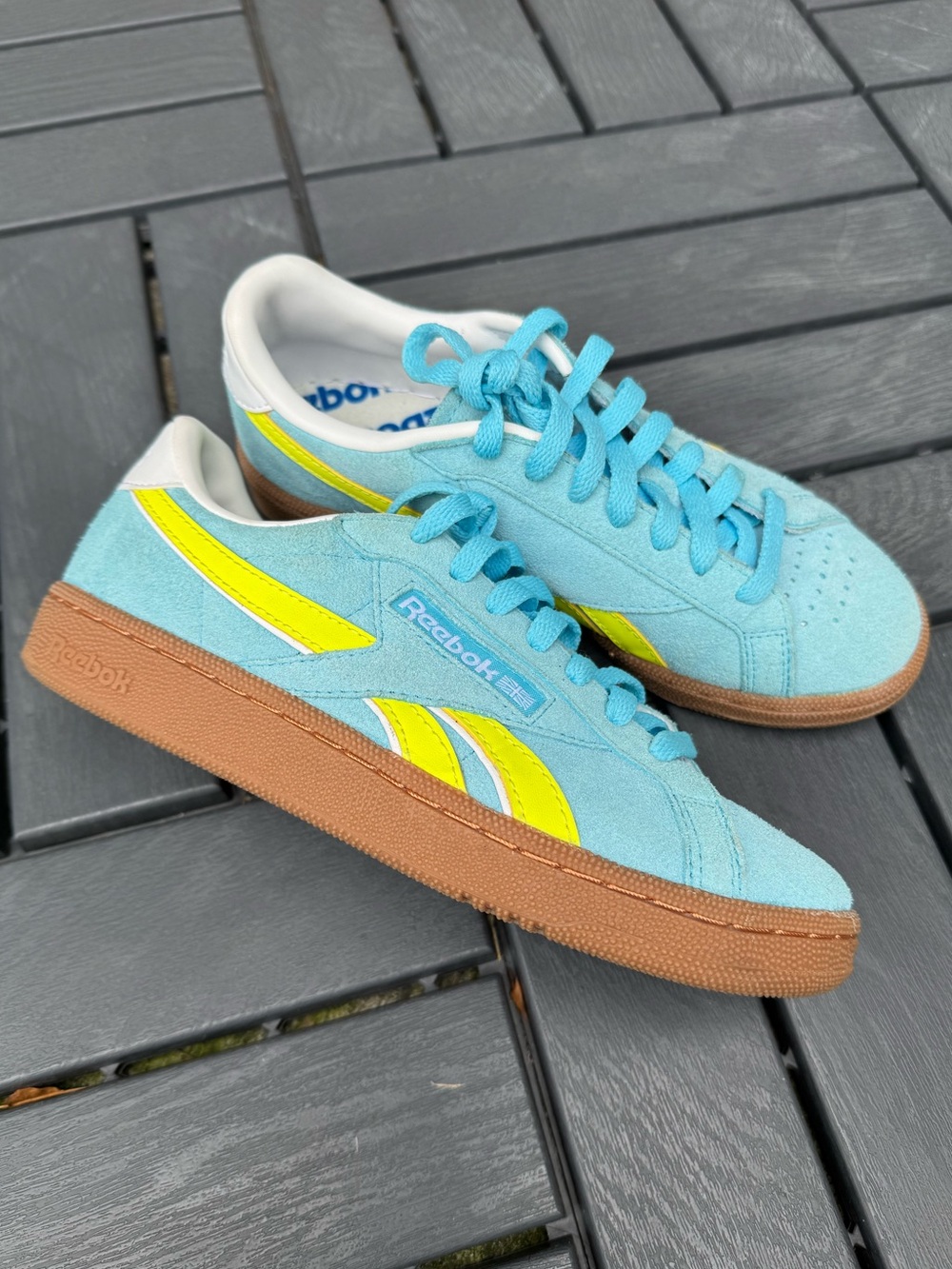 Reebok Suede Sneakers in Aqua with Yellow Stripes and Gum Sole